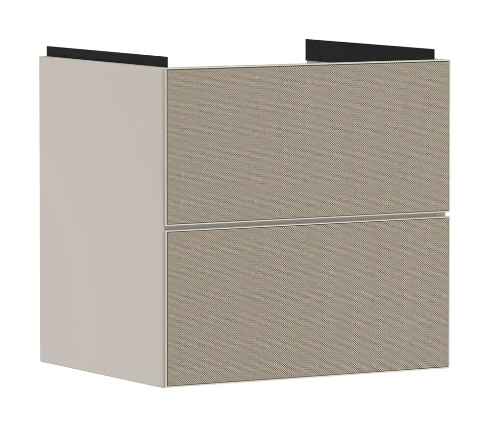 Waschtischunterschrank in Sandbeige von Hansgrohe mit zwei Schubkästen, geeignet für die Montage unter einem Waschtisch.